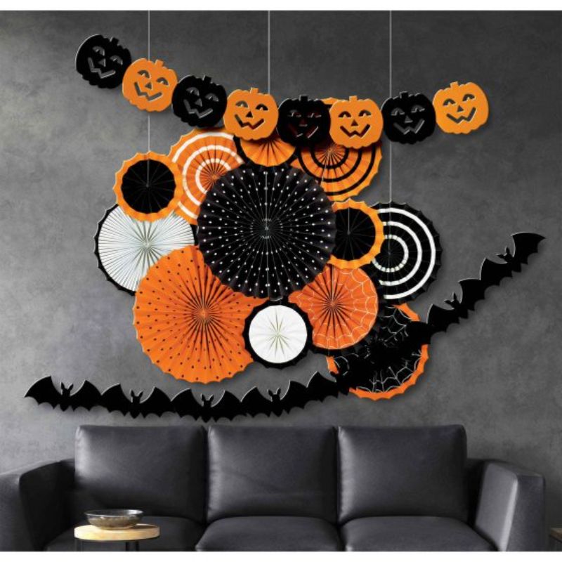 Halloween-themed orange and black paper fan kit with various sizes and garlands for festive room decoration.