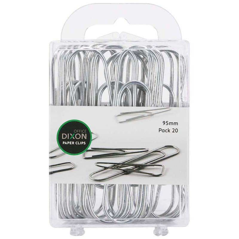 Dixon 95mm silver paper clips in a pack of 20, ideal for organizing and securely fastening small documents.