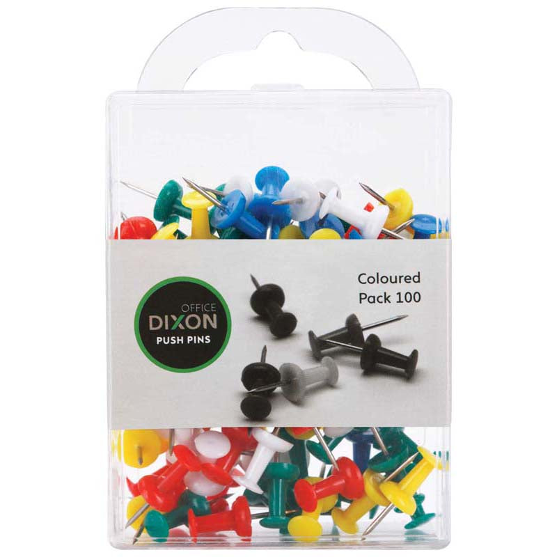 Assorted Dixon push pins pack of 100 in vibrant colors, featuring large plastic heads for easy handling and secure grip.