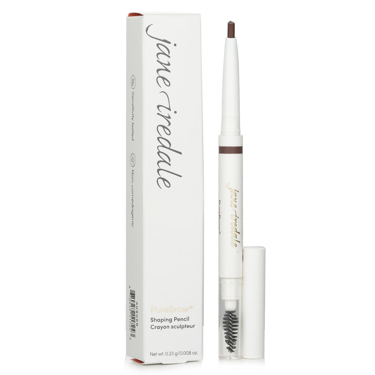 Retractable brow shaping pencil in #Auburn with spoolie, offering easy application and long-wear, water-resistant formula.