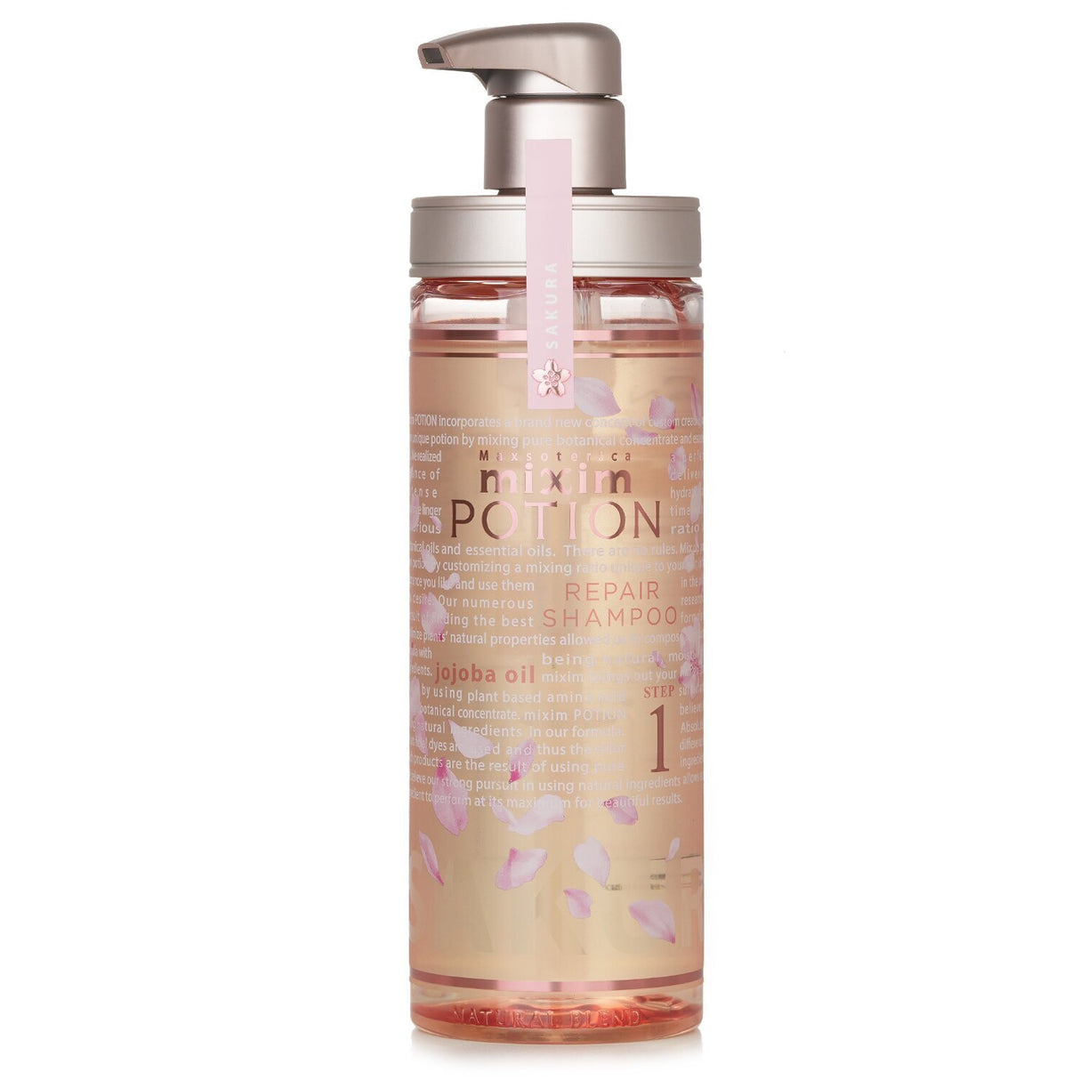 Mixim Potion Repair Shampoo Sakura 440ml, infused with cherry blossom scent, hydrates and revitalizes hair, ensuring shine and volume.