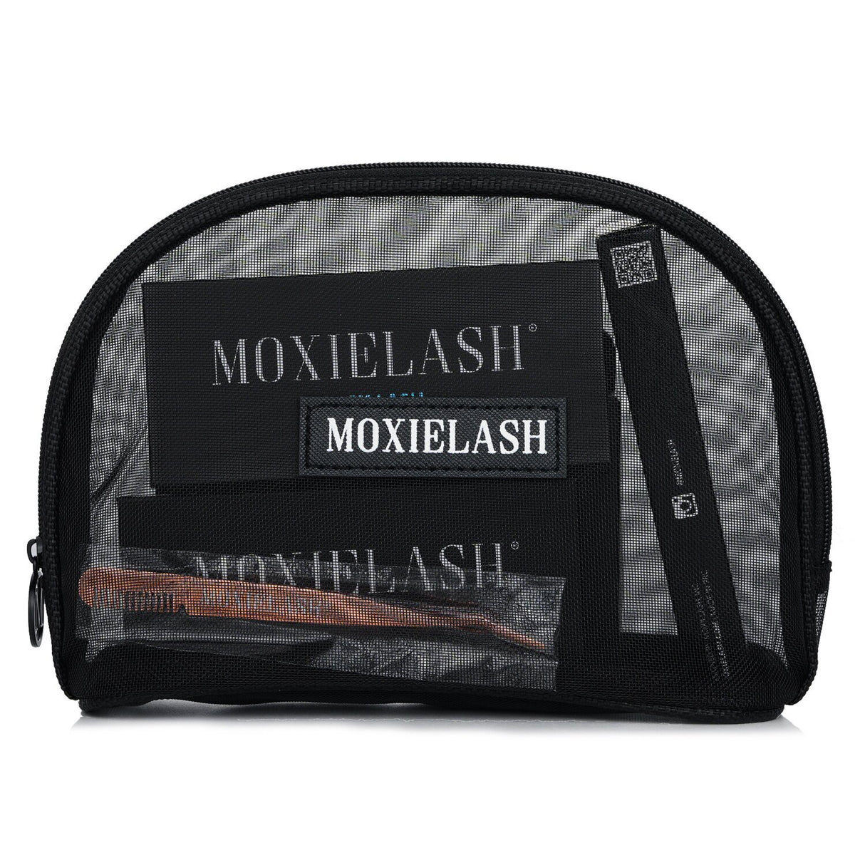 MoxieLash Luxe Bag Accent Set featuring 5 beauty essentials, including lashes, applicator, eyeliner, and swabs in an elegant bag.