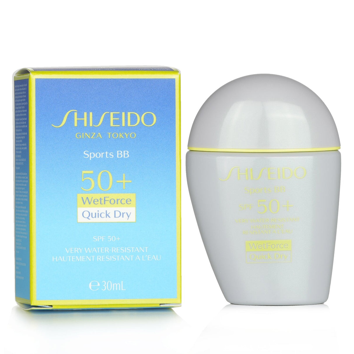 Shiseido Sports BB Cream SPF 50+ in Very Dark, 30ml; water-resistant formula offers medium coverage and UVA/UVB protection.