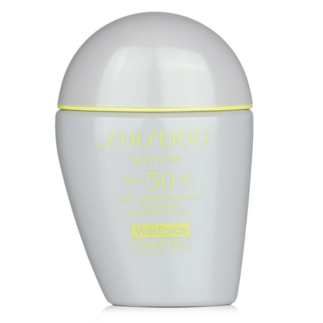 Shiseido Sports BB SPF 50+ in Very Dark, 30ml, offers water-resistant medium coverage and UVA/UVB protection for active lifestyles.