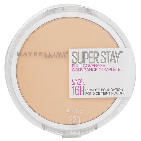 Maybelline Super Stay Full Coverage Powder Foundation #320 Honey Caramel offers high-pigment, seamless coverage for a matte finish.