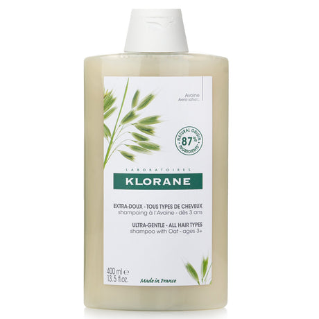 Klorane Oat Shampoo 400ml, ultra-gentle formula for all hair types, softens and protects with 87% natural ingredients.