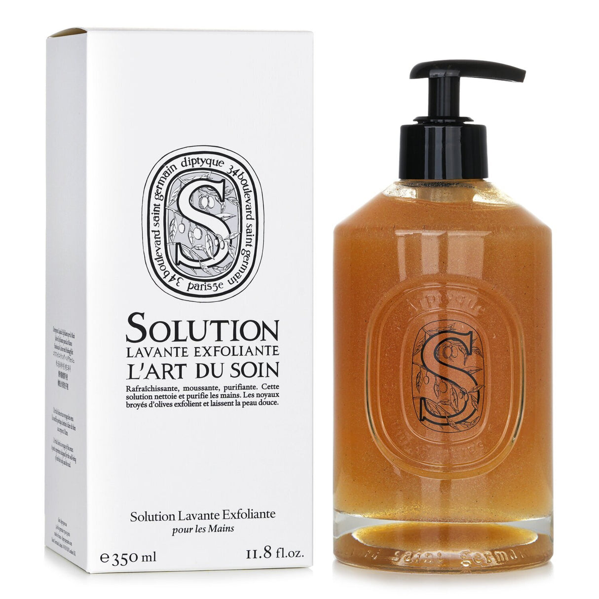 Exfoliating hand wash with olive stones, floral and woody scent, leaves skin soft and purified. 350ml bottle.