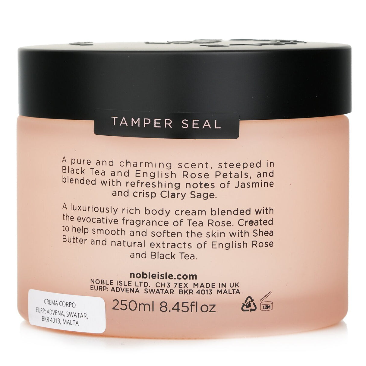 Luxurious Tea Rose Body Cream with shea butter, black tea, and rose extracts, providing hydration and a delightful scent.