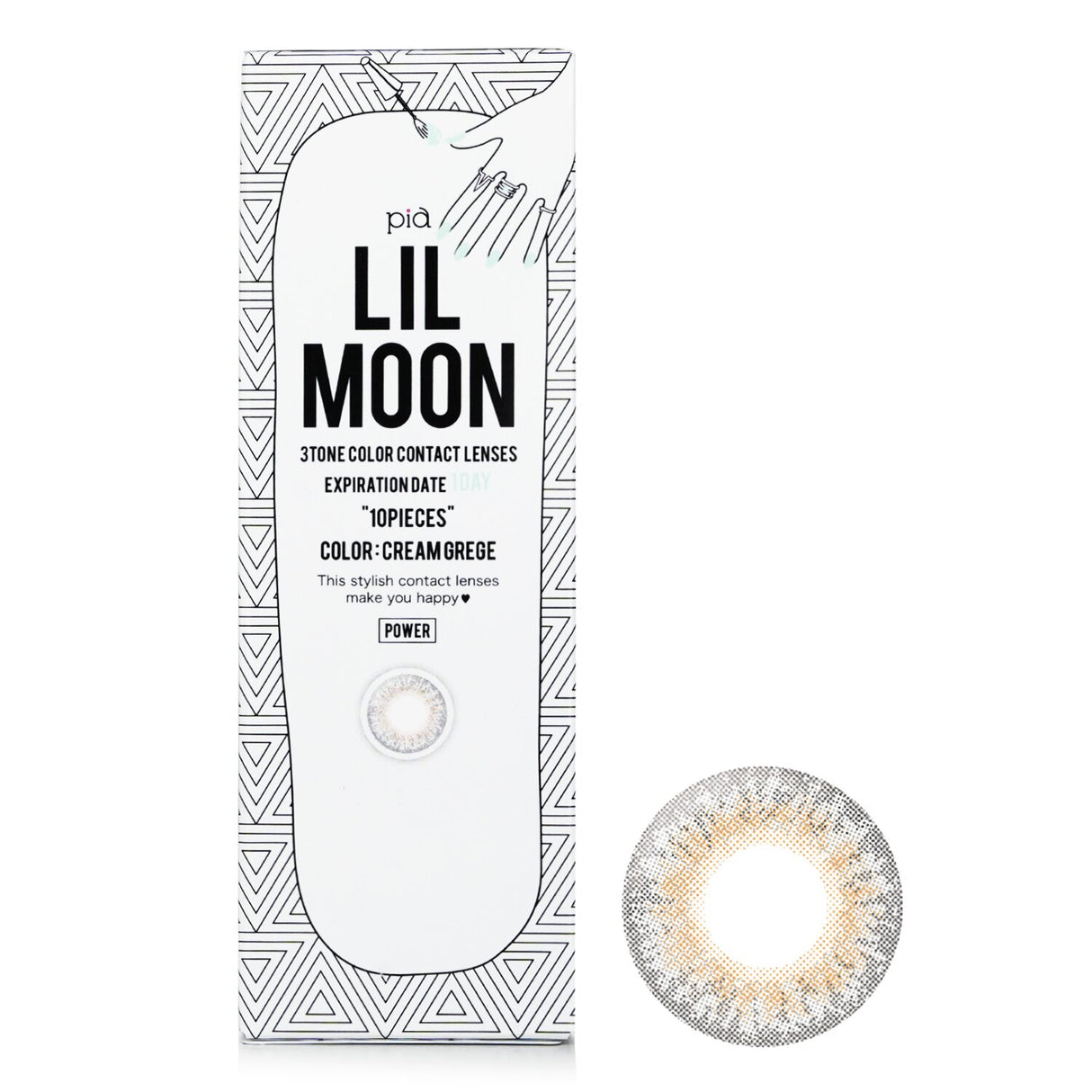 Pia Lilmoon Cream Grege contact lenses in grey, 10-pack, featuring 3-layer design for comfort and UV protection.