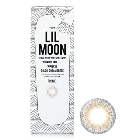 Pia Lilmoon Cream Grege contact lenses in grey, 10-pack, featuring 3-layer design for comfort and UV protection.