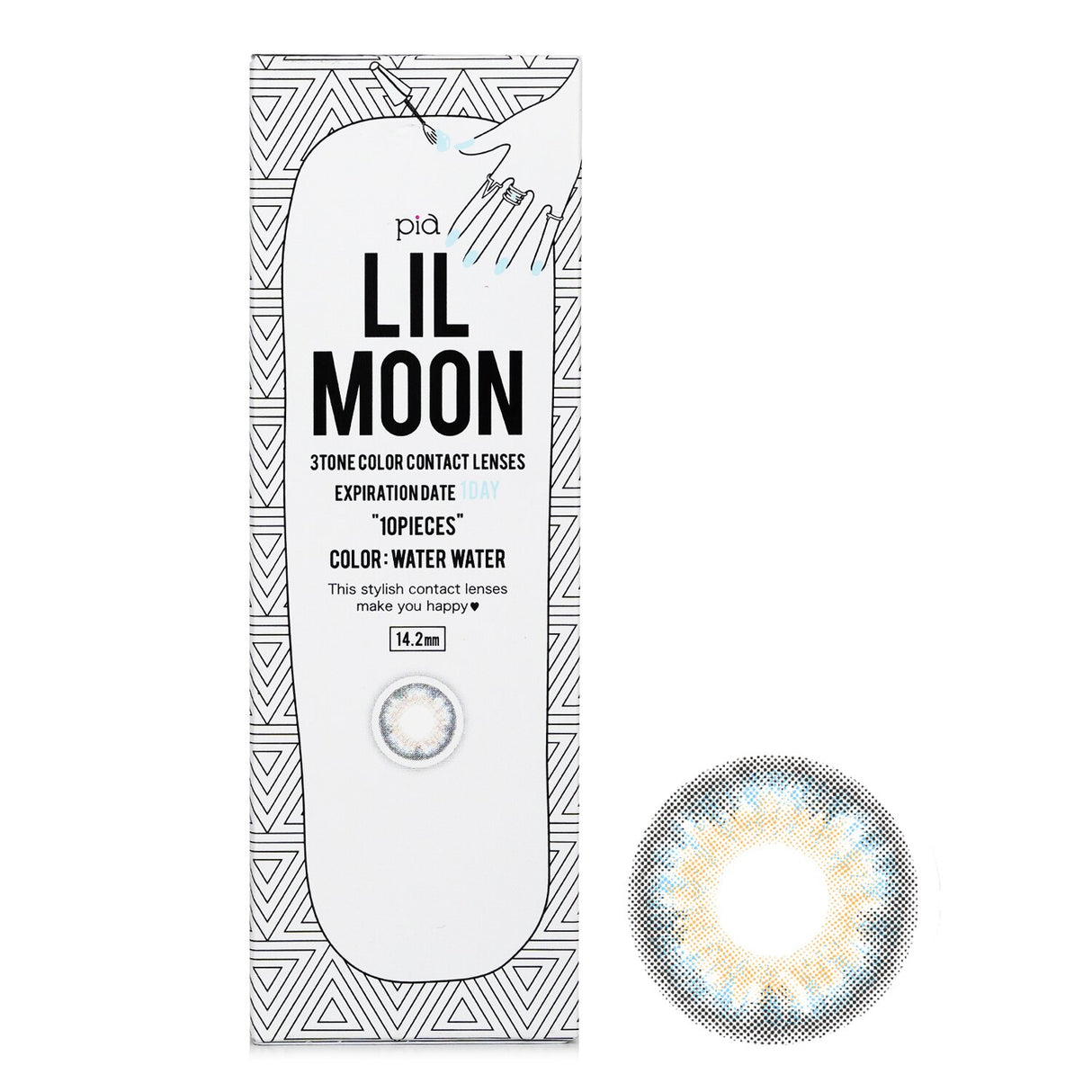 Pia Lilmoon 1-Day Color Contact Lenses in a 10-pack, featuring a 3-layer design for safety, UVA/UVB protection, and hydration.