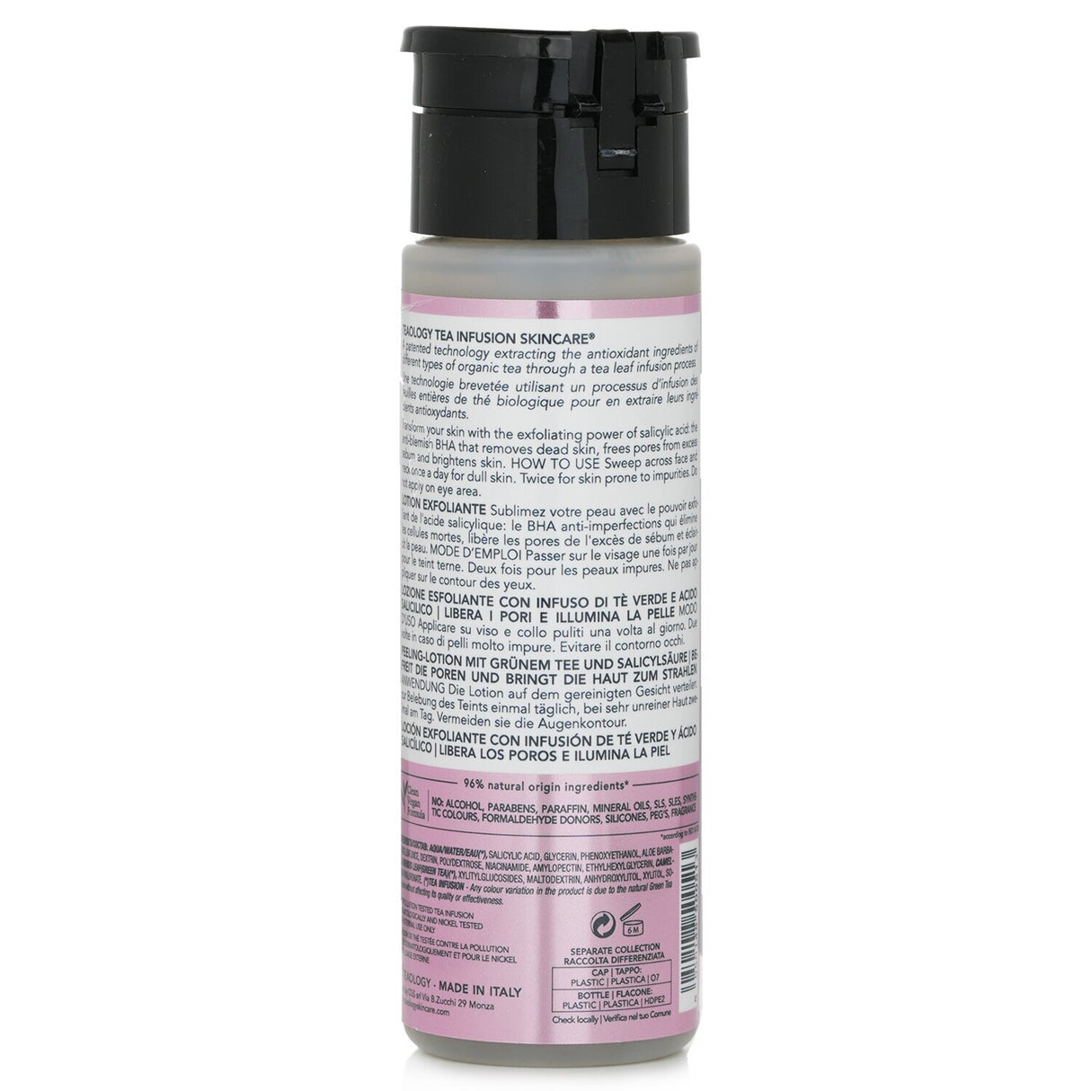 "Teaology Tea Glow Exfoliating Lotion, 150ml, brightens and purifies with organic green tea and hydrating ingredients."