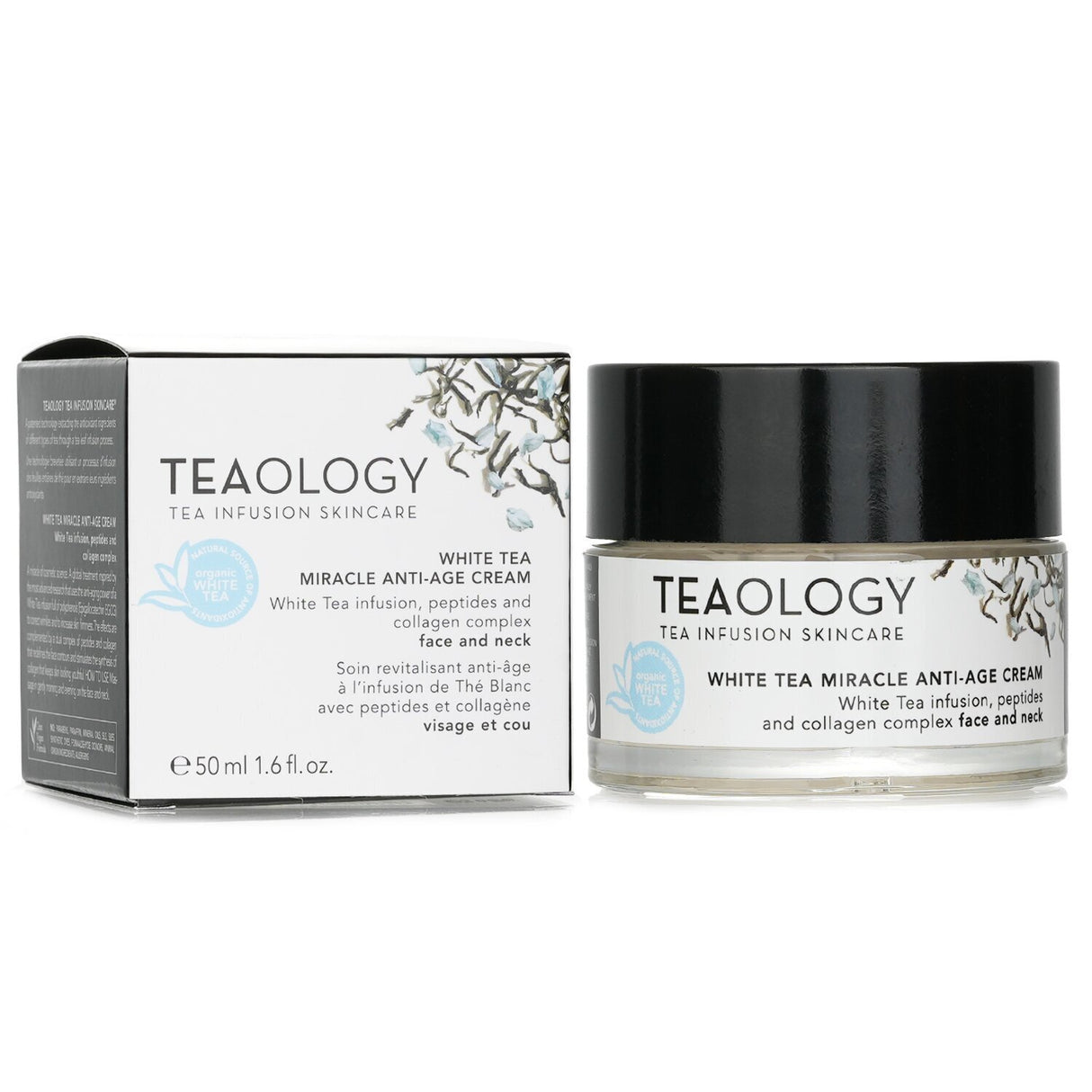 Anti-aging cream in a 50ml jar, infused with organic white tea, peptides, and plant collagen for smoother, brighter skin.