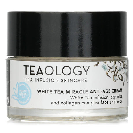 Anti-aging cream in a 50ml jar, enriched with organic white tea, peptides, and plant collagen for youthful, radiant skin.