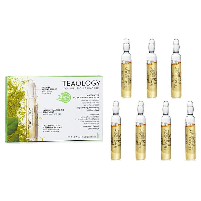 Teaology Matcha Tea Ultra Firming Ampoules - 7 glass vials of organic Matcha for intensive anti-aging and skin hydration.
