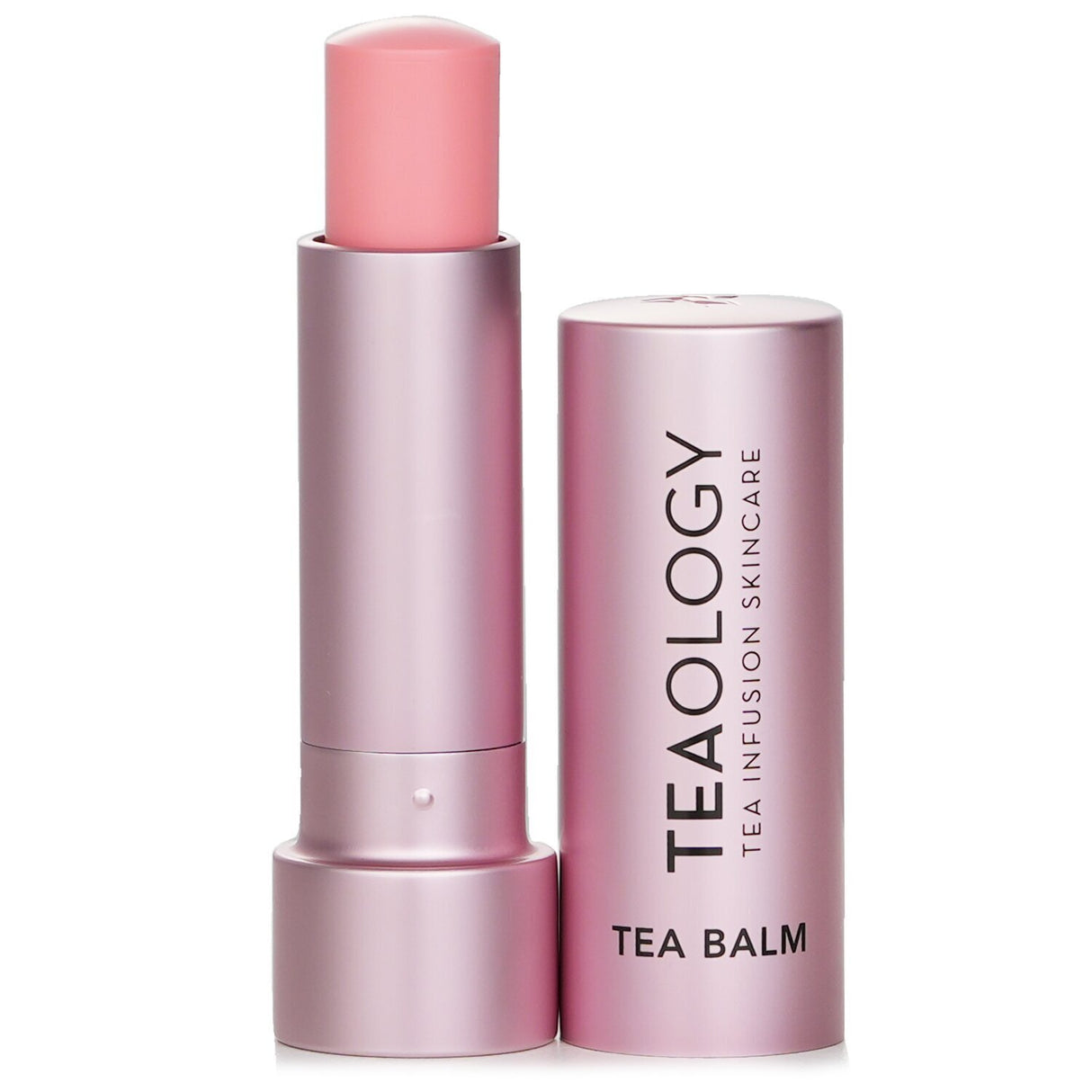 Teaology Peach Tea Lip Balm tube with a peachy tint, showcasing natural ingredients for nourishing and plumping lips.