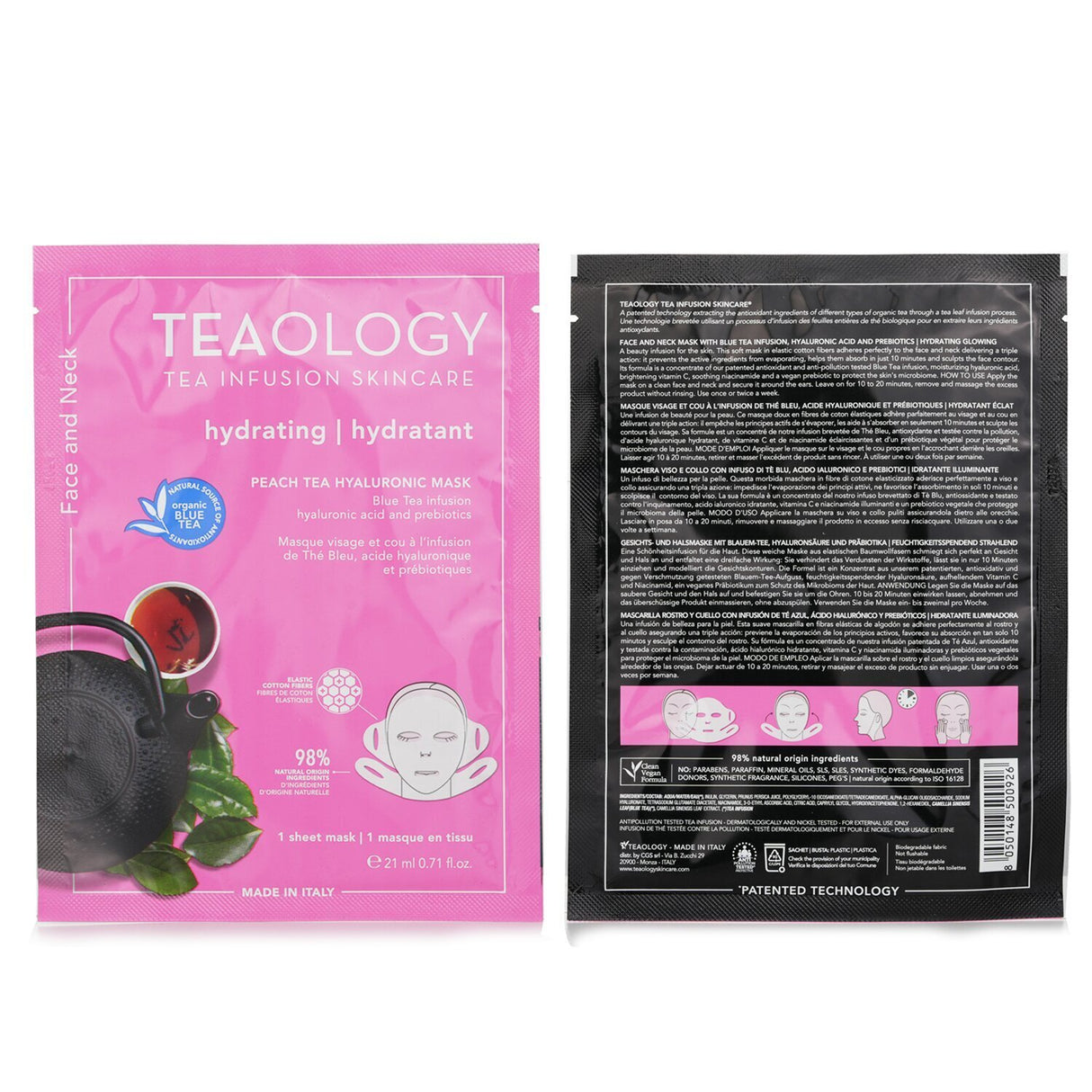 Hydrating Peach Tea Hyaluronic Face & Neck Mask in biodegradable cotton, designed for deep moisturization and skin revitalization.