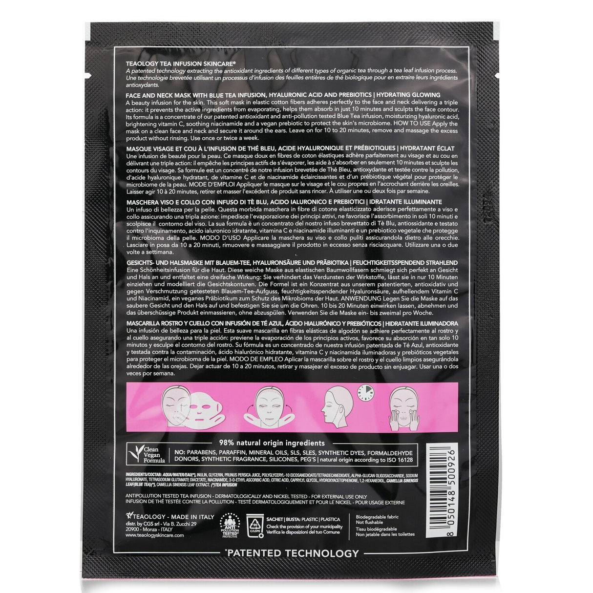 Teaology Peach Tea Hyaluronic Face & Neck Mask in biodegradable cotton for deep hydration and revitalization in 10 minutes.