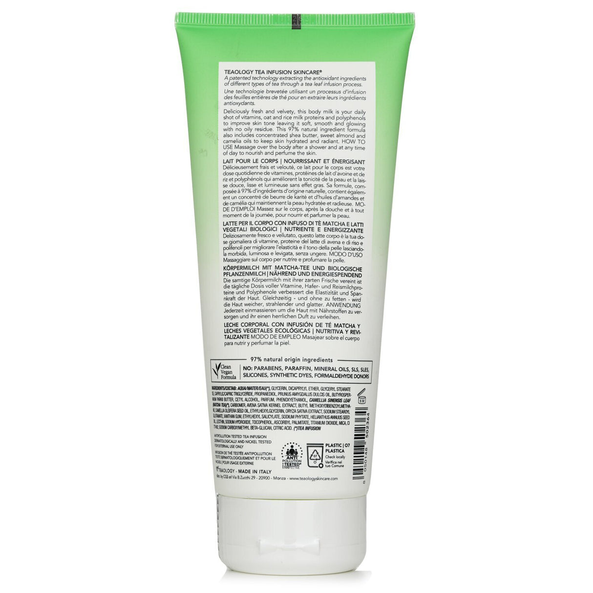 Moisturizing Matcha Latte Body Milk for radiant skin, enriched with organic ingredients for hydration and protection.