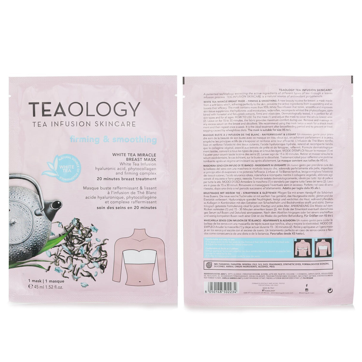 Breast firming and smoothing mask with organic white tea, hyaluronic acid, and plant collagen for revitalized skin.