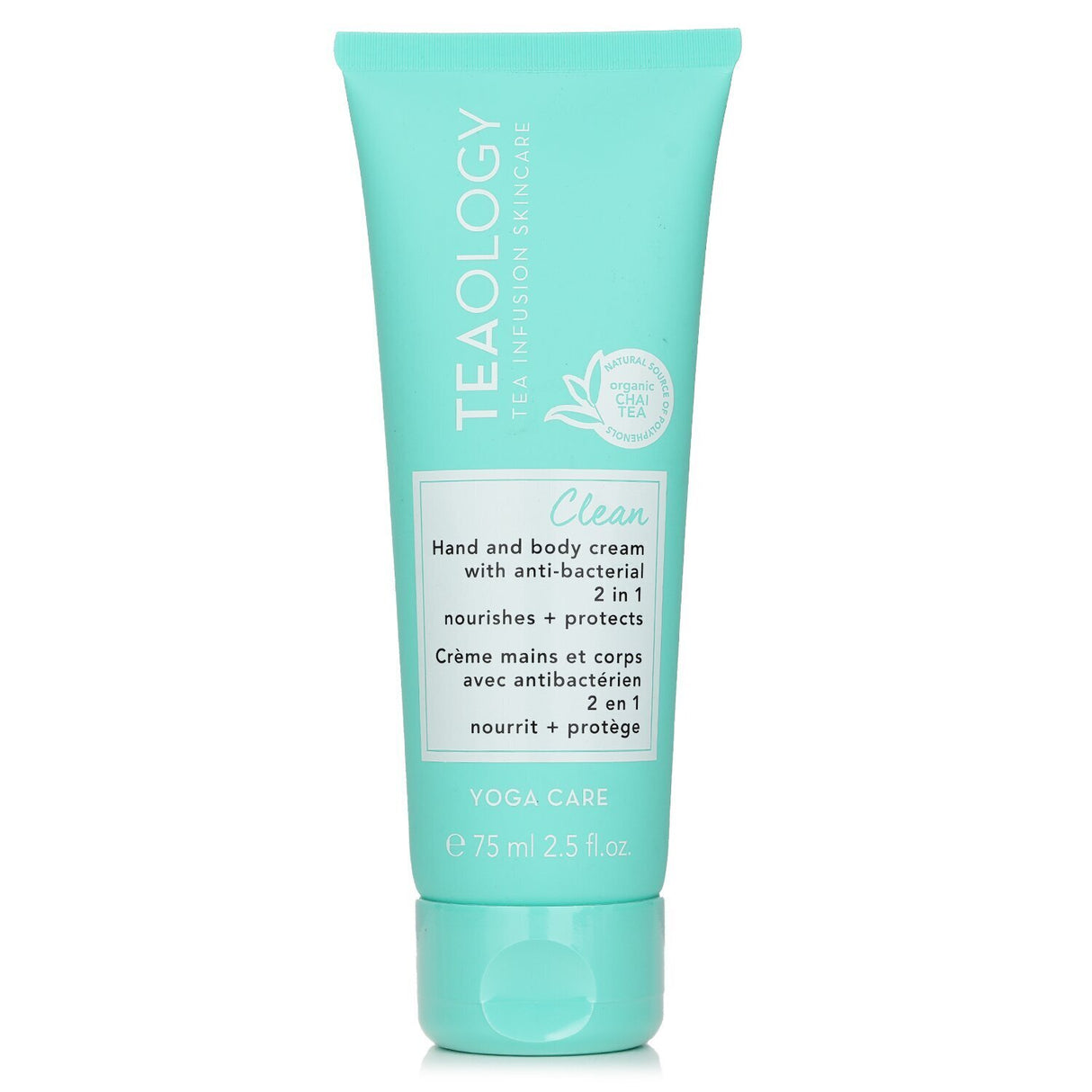Teaology Yoga Care Clean 2 in 1 Anti Bacterial Hand & Body Cream, 75ml; nourishes, protects, and hydrates with natural ingredients.