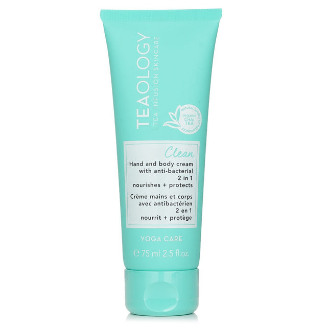 Teaology Yoga Care Clean 2 in 1 Anti Bacterial Hand & Body Cream, 75ml; nourishes, protects, and hydrates with natural ingredients.