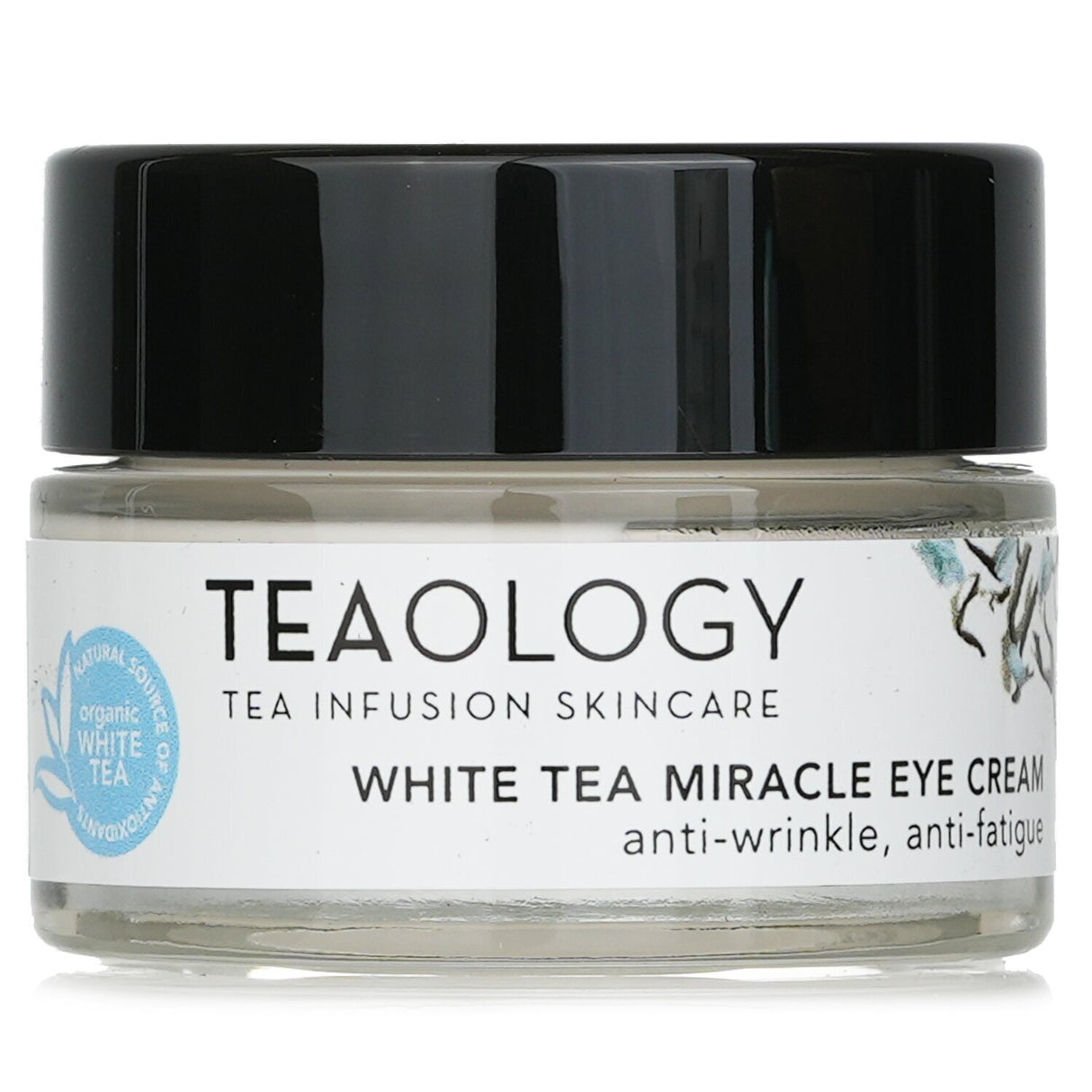 Teaology White Tea Miracle Eye Cream in a 15ml jar, features organic ingredients to reduce dark circles and wrinkles.