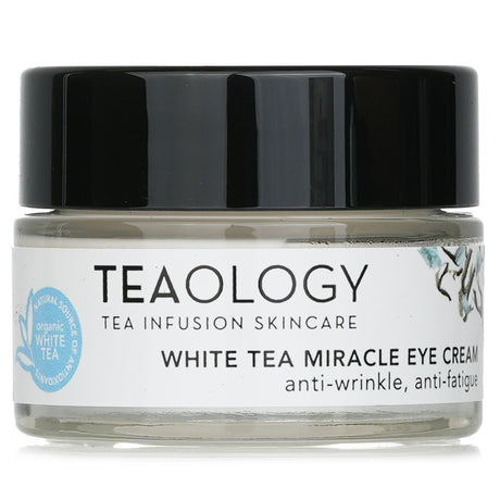 Teaology White Tea Miracle Eye Cream in a 15ml jar, features organic ingredients to reduce dark circles and wrinkles.