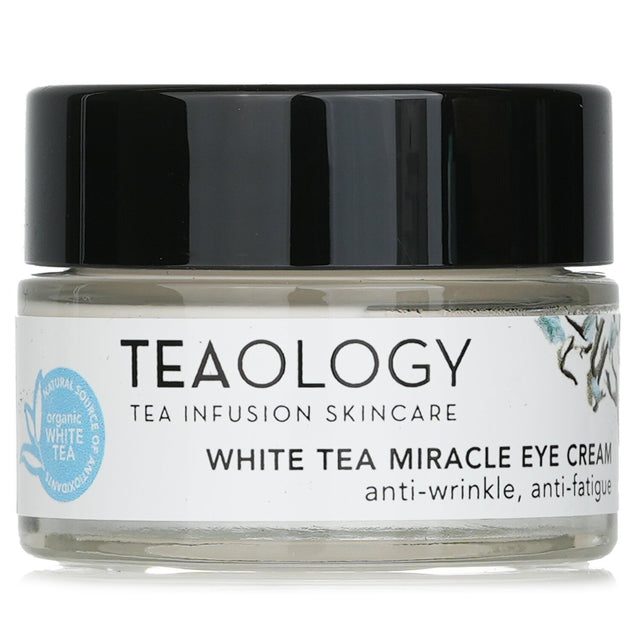 Teaology White Tea Miracle Eye Cream in a 15ml jar, features organic ingredients to reduce dark circles and wrinkles.