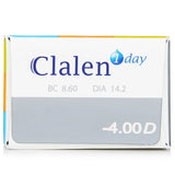 Clalen 1 Day Ultra-Soo Clear Contact Lenses -4.00, 30pcs, designed for comfort with moisture retention and UV protection.