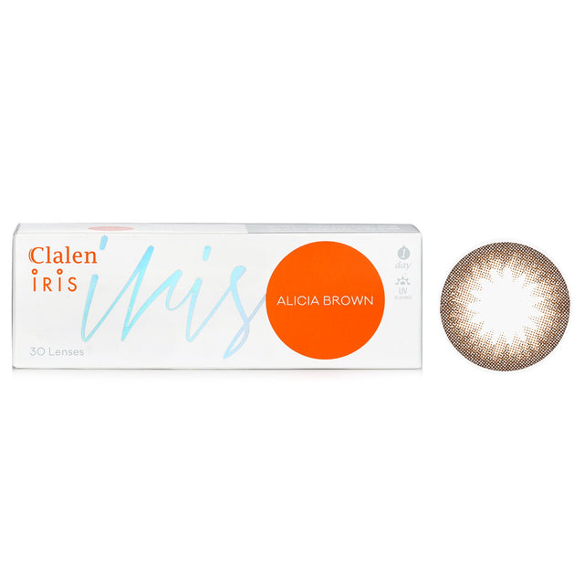 Clalen 1 Day Iris Alicia Brown contact lenses with spiral brown pattern, enhancing eyes with comfort and clarity, 30pcs pack.