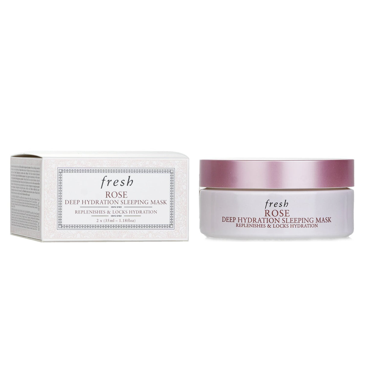 "Fresh Rose Deep Hydration Sleeping Mask in 2-step process for overnight moisture, featuring Rosewater and Hyaluronic Acid."