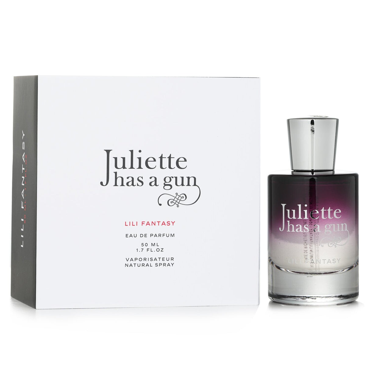 Juliette Has A Gun Lili Fantasy Eau De Parfum Spray in 50ml, featuring a floral fruity scent with bubble gum and white flowers.