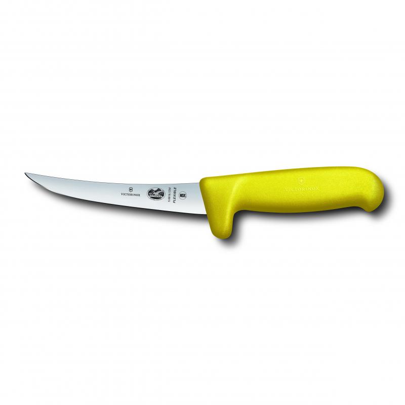 Victorinox 12cm curved boning knife with yellow Fibrox handle, designed for precision deboning of chicken and fish.