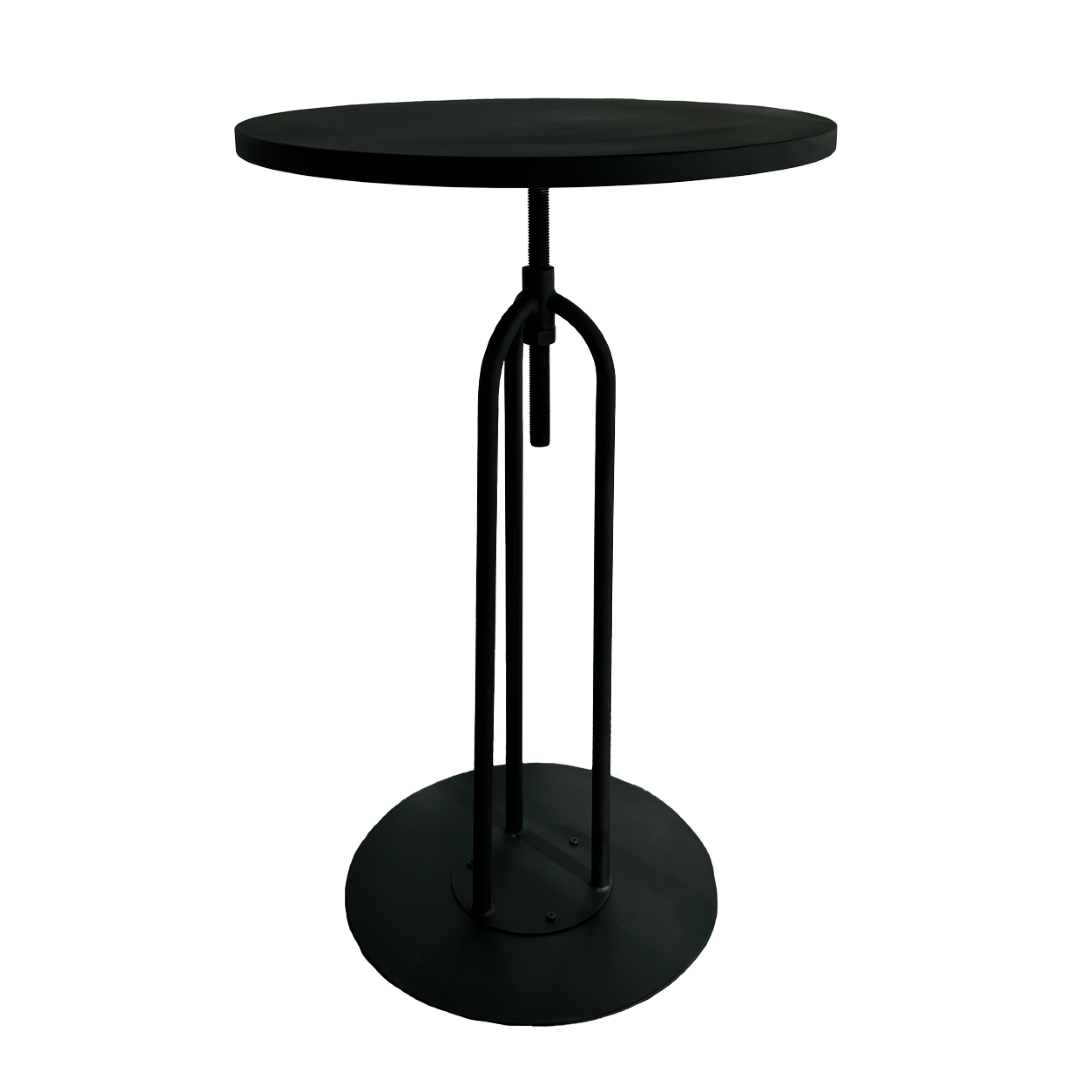 Sleek black metal bar leaner measuring 60 x 104 cm, height adjustable for versatile dining and entertainment.