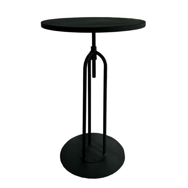 Sleek black metal bar leaner measuring 60 x 104 cm, height adjustable for versatile dining and entertainment.