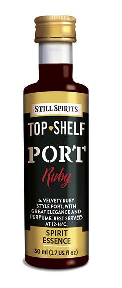 Still Spirits Top Shelf Ruby Port 50ml, showcasing a velvety texture and rich flavors, ideal for pairing or enjoying solo.