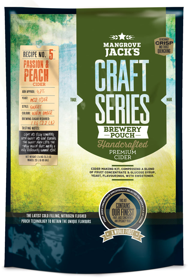 Light and fizzy Mangrove Jack's cider kit with sweet peach and tangy passionfruit flavors, perfect for summer refreshment.