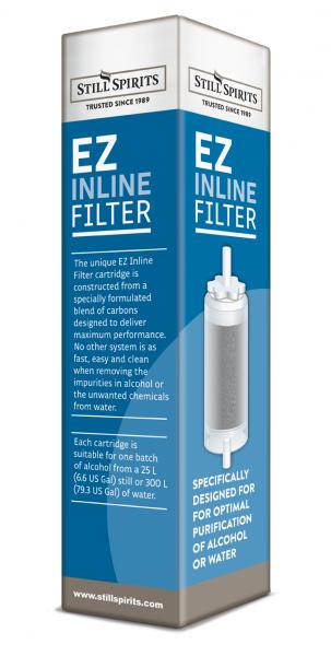 EZ Inline Filter for distilled spirits and water, featuring a carbon cartridge for superior purification and easy attachment.