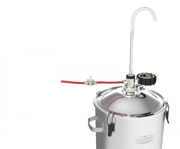 Grainfather Conical Fermenter Pressure Transfer for easy, clean beer transfers with CO2, featuring stainless steel, pressure gauge, and needle valve.