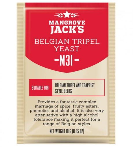 Mangrove Jack's M31 yeast packet for brewing Belgian Tripel, featuring spice, fruit esters, and high alcohol tolerance.