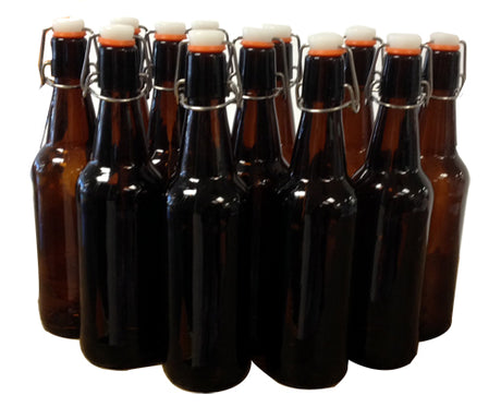500ml amber glass flip-top bottles, case of 12, ideal for home brewing and storing various beverages.
