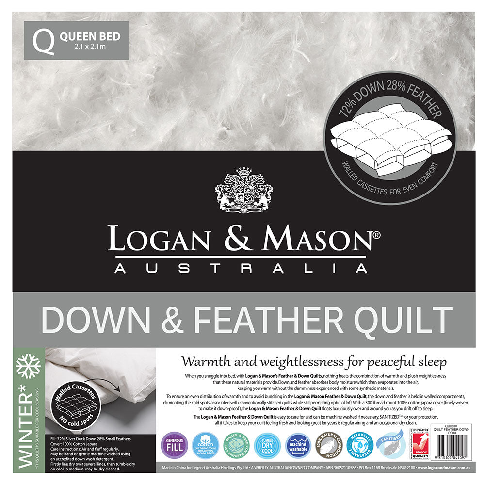Luxurious King Quilt with 72% silver duck down, 28% feathers; soft 300 thread count cover, perfect for year-round comfort.