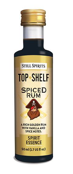 50ml bottle of Still Spirits Top Shelf Spiced Rum, showcasing its rich golden color and aromatic blend of vanilla and spice.