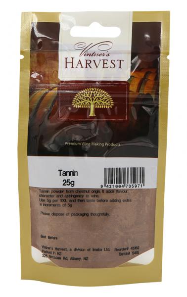 Vintner's Harvest Tannin 25g, premium chestnut tannin powder for enhancing flavor and texture in winemaking.