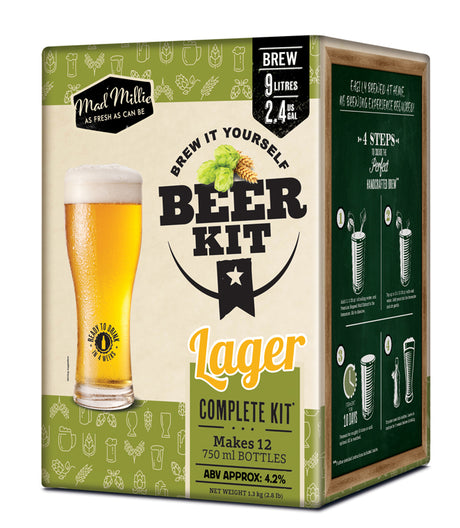 Mad Millie Lager Kit for brewing 9L of crisp, refreshing lager at home with all necessary ingredients and equipment included.