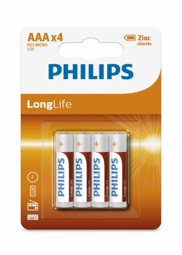 Philips Long Life Zinc Carbon 4AAA batteries in a pack of 12, delivering reliable power for everyday devices.