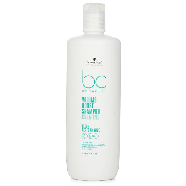 Schwarzkopf BC Bonacure Creatine Volume Boost Shampoo for fine hair, 1000ml, adds volume and body while cleansing gently.