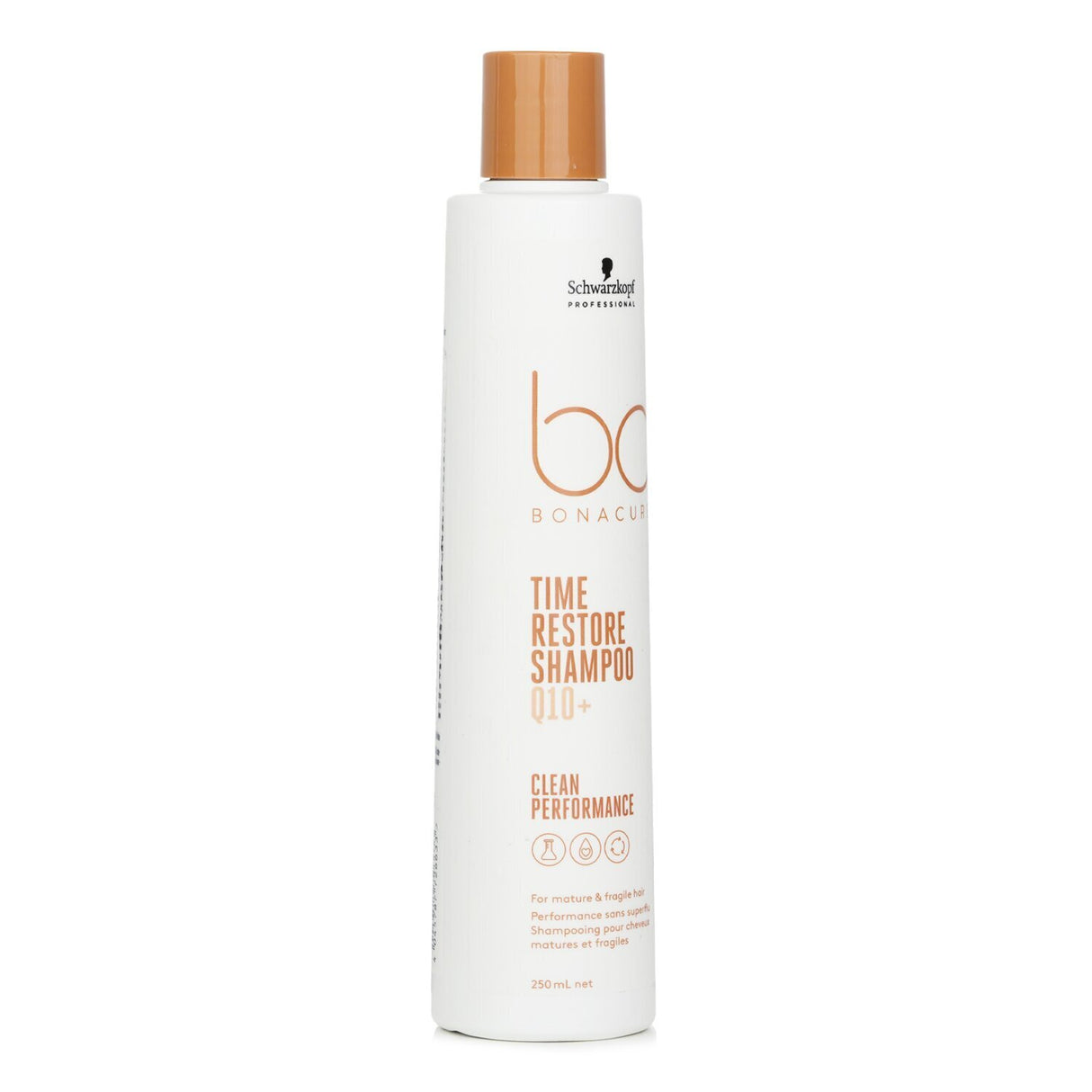 Schwarzkopf BC Bonacure Q10+ Time Restore Shampoo for mature, fragile hair, enhancing strength and shine with vegan ingredients.