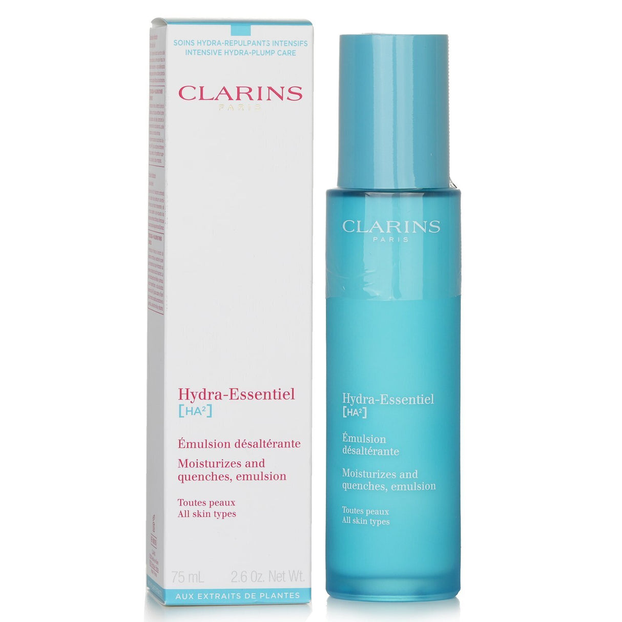 Lightweight Clarins Hydra-Essentiel emulsion for intense hydration, enriched with Leaf of Life and Beautyberry extracts.